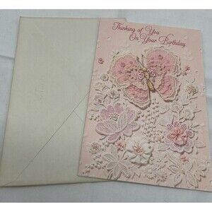 VINTAGE HALLMARK  PINK BUTTERFLY LACE GREETING CARD UNUSED BIRTHDAY RARE